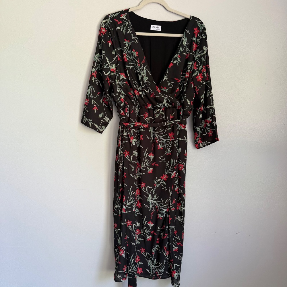 Love Sadie Black Floral Wrap Midi Dress Red Green Print 3/4 Sleeve Large PDD6064